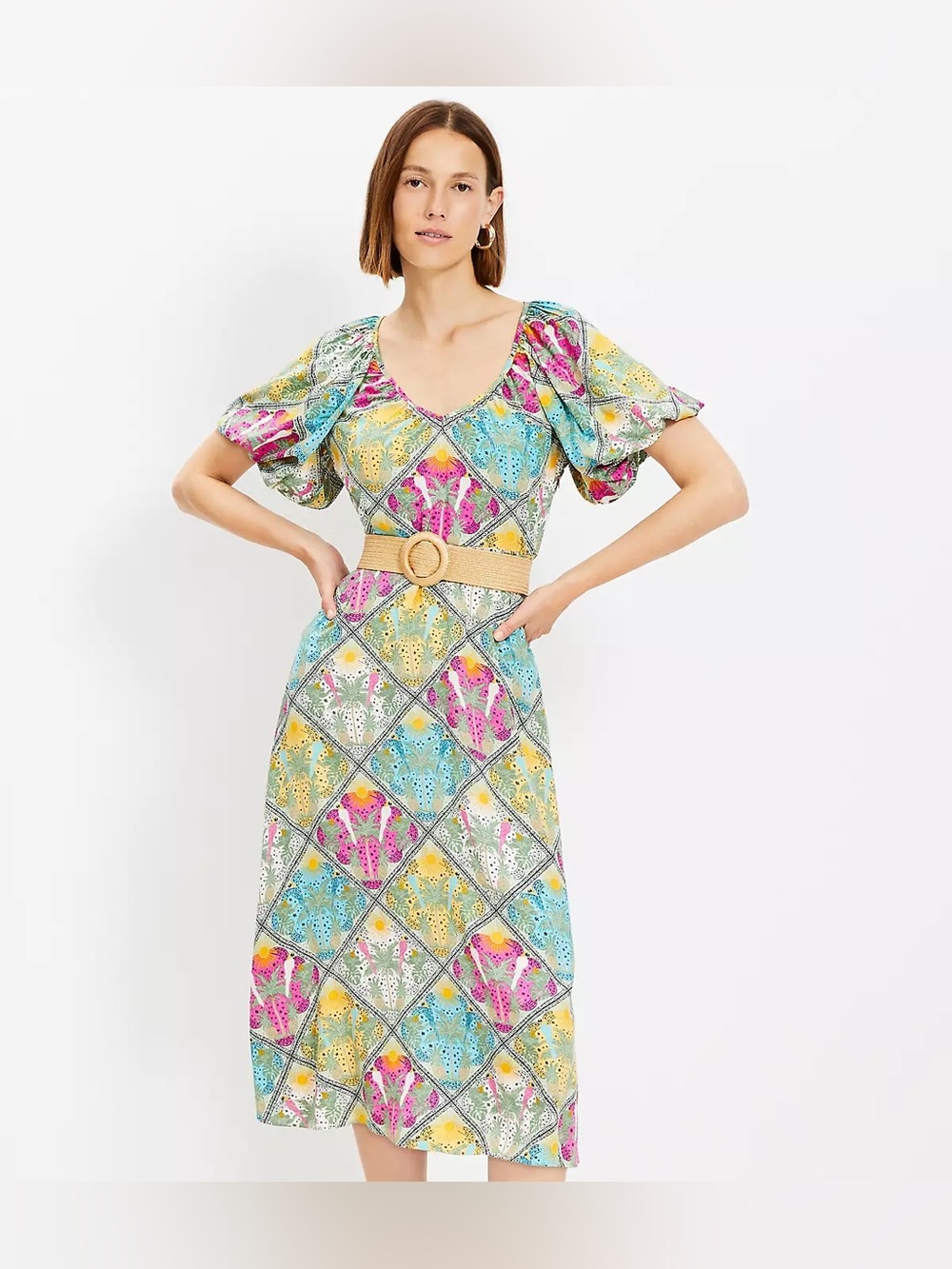 NWT LOFT Palm Raffia Belt V-Neck Midi Dress